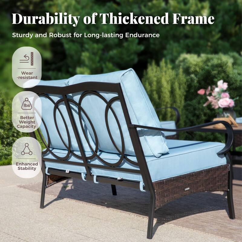 MAISON ARTS Patio Furniture Set with 56" Fire Pit Table, Deep Seating Sofa & Swivel, Rocking, and Fixed Chairs (5 Seats, Beige)