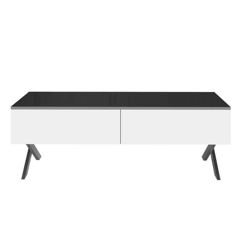 Mirror Coffee Table with Metal Base for Living Room Large Center Table with 2 Drawers, High Gloss Top Table for Reception Room