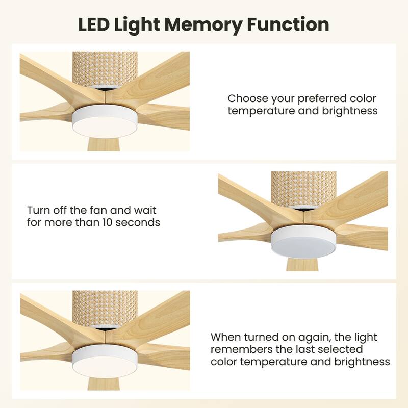 MLiAN 5 Solid Wood Blades Ceiling Fan with Lights Remote Control 6-Speed DC - 54''