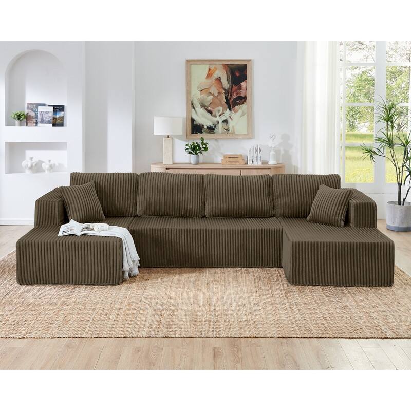 Modern Minimalist U-Shaped Modular Corduroy Sectional Sofa - Compressed, Space-Efficient Sleeper Couch for Living Room & Bedroom - Brown