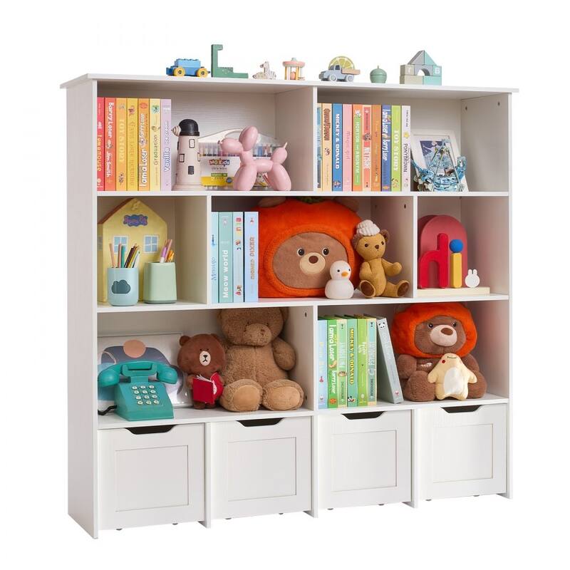 Brown Wooden Toy Storage Organizer with 11 Compartments and 4 Drawers - 49.41 x 12.99 x 46.46 in