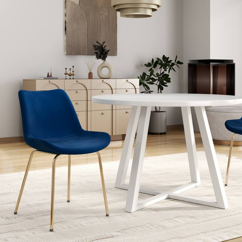 Minimalist Breakfast Nook Dining Table, 3-Piece Round Dining Set with Velvet Blue Upholstered Chairs
