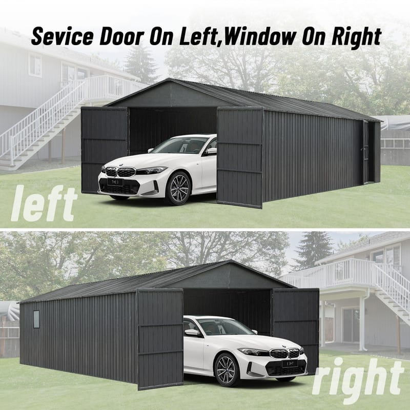 Domi 12x15FT Outdoor Metal Garage Shed,Extra Large Metal Carport with Lockable Double Doors,Heavy Duty Car Shelter,Dark Grey - Dark Grey - 12x20FT