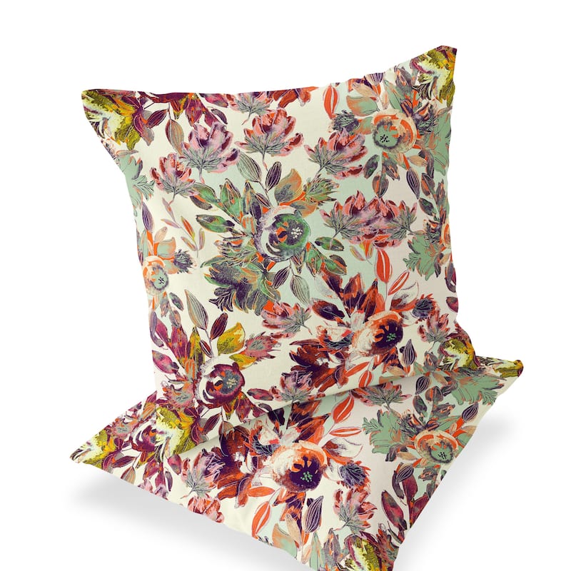 HomeRoots Set of Two 16" X 16" Green and Yellow Blown Seam Floral Indoor Outdoor Throw Pillow - 16.00' X '16.00' X '5.00