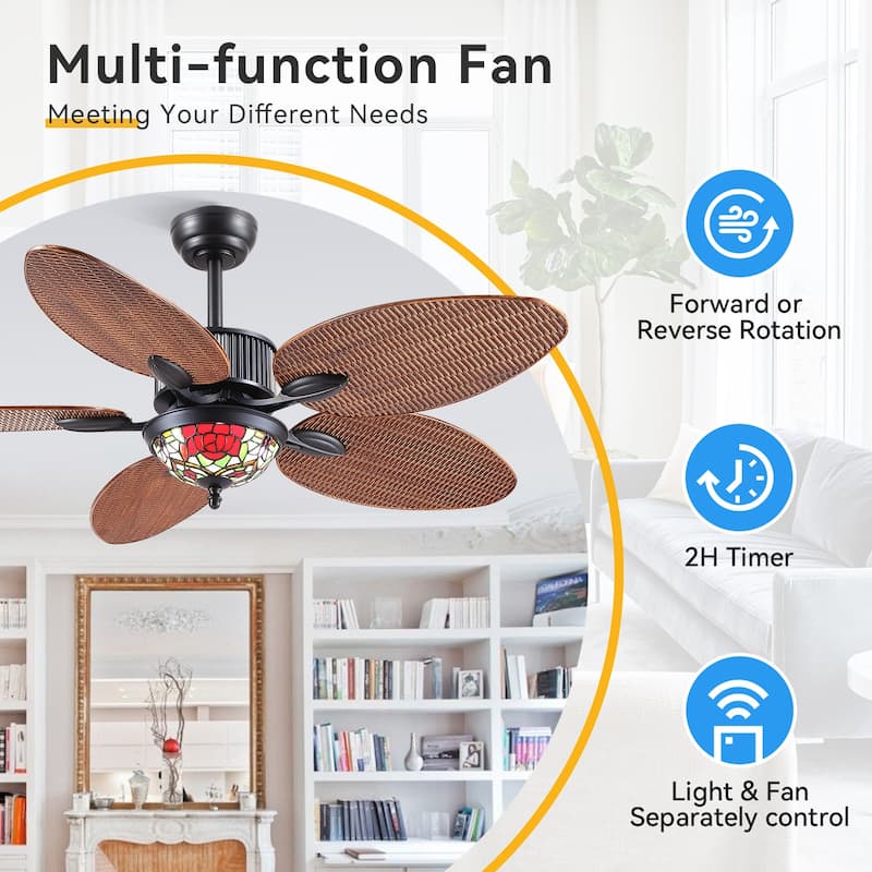 50" TiffanyTropical Ceiling Fan with 5 Palm Leaf Bllades and Vintage Cover Waterproof for Indoor and Outdoor Patio