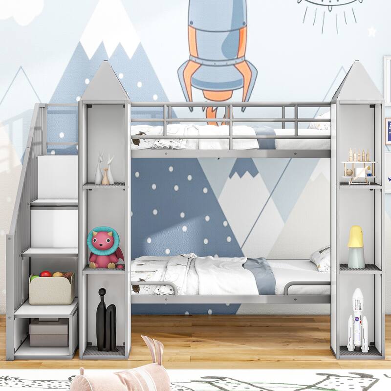 Castleshaped Bunk Bed Metal with Wardrobe, Twin Over Twin Bunk Bed