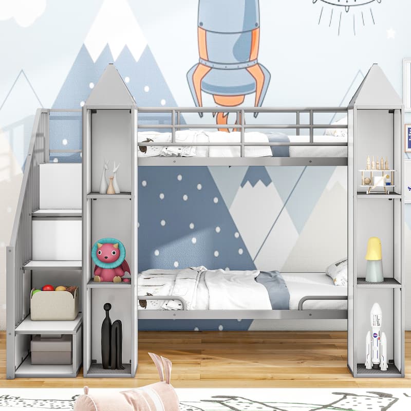 Metal Twin Over Twin Castle-Shaped Bunk Bed - with Wardrobe & Multiple Storage