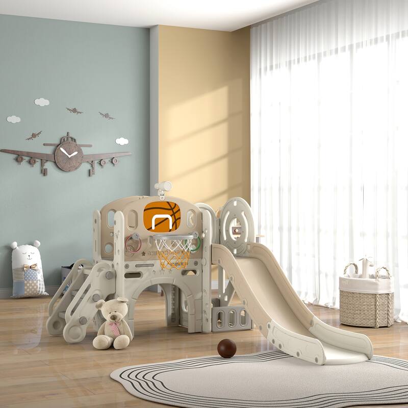 7 in 1 Toddler Slide Playset Ages 1-6 with Ring Toss Hoop Telescope Indoor Climber Storage Tunnel Cream White