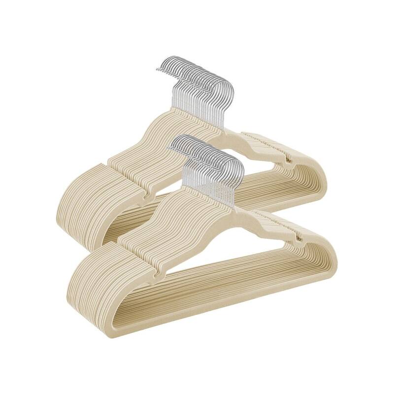 Space-Saving Velvet Anti-Slip Coat Hangers with Shoulder Notches and Swivel Hook - 50 Pack - Sand Beige