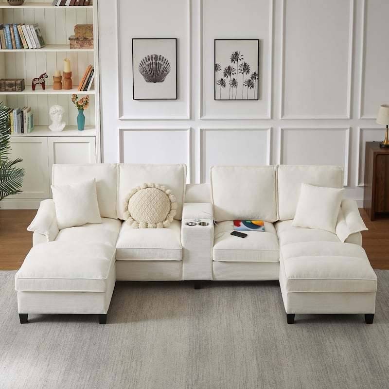 121.2" Modular Corduroy Sectional Sofa with Storage Console and Chaise Footrests