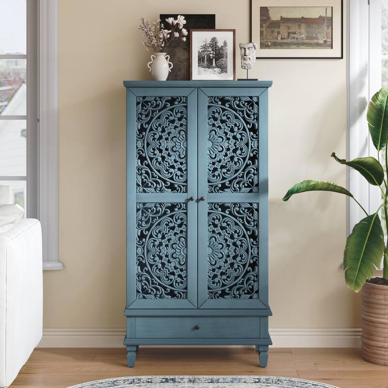 Tall Storage Cabinet with Drawer, Decorative 2-Door Carved Wood Accent Cabinet - Blue
