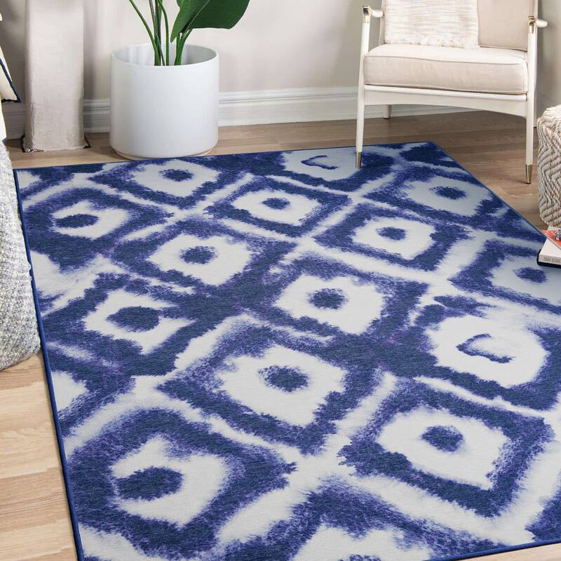 My Magic Carpet Shibori Geometric Diamond Blue Machine Washable Rug - 5' x 7'
