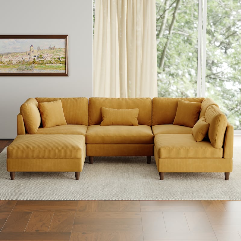 5-Piece Modern Comfy Corduroy Modular Sectional Sofa with Ottoman - Orange