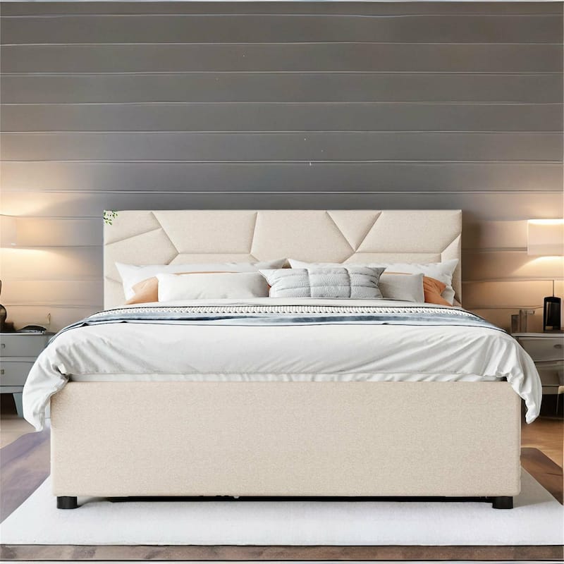 Queen Size Linen Platform Bed with Twin Size Trundle and Drawers - Beige