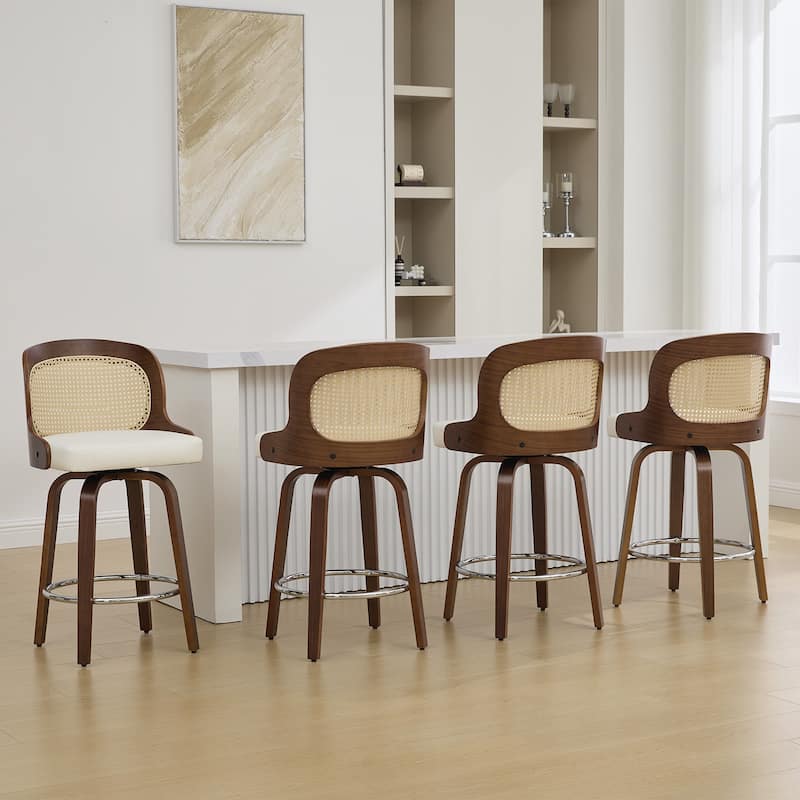 26" Upholstered Swivel Counter & Bar Stool with Rattan Back - 37.4"H x 19.09"W x 19.88"D