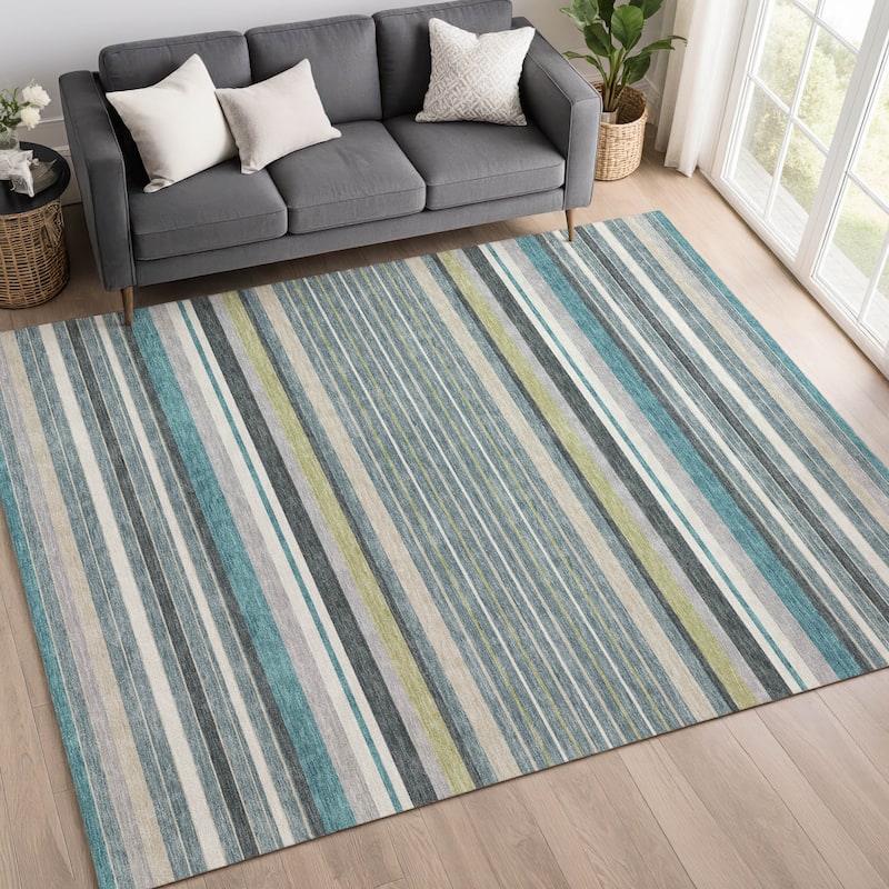 Machine Washable Indoor/ Outdoor Modern Stripes Chantille Rug