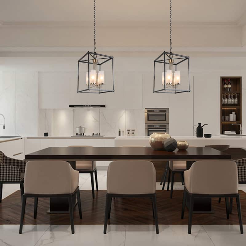 Modern Transitional 4-Light Black Brass Square Metal Glass Kitchen Pendant for Foyer - D12" x H80.5"