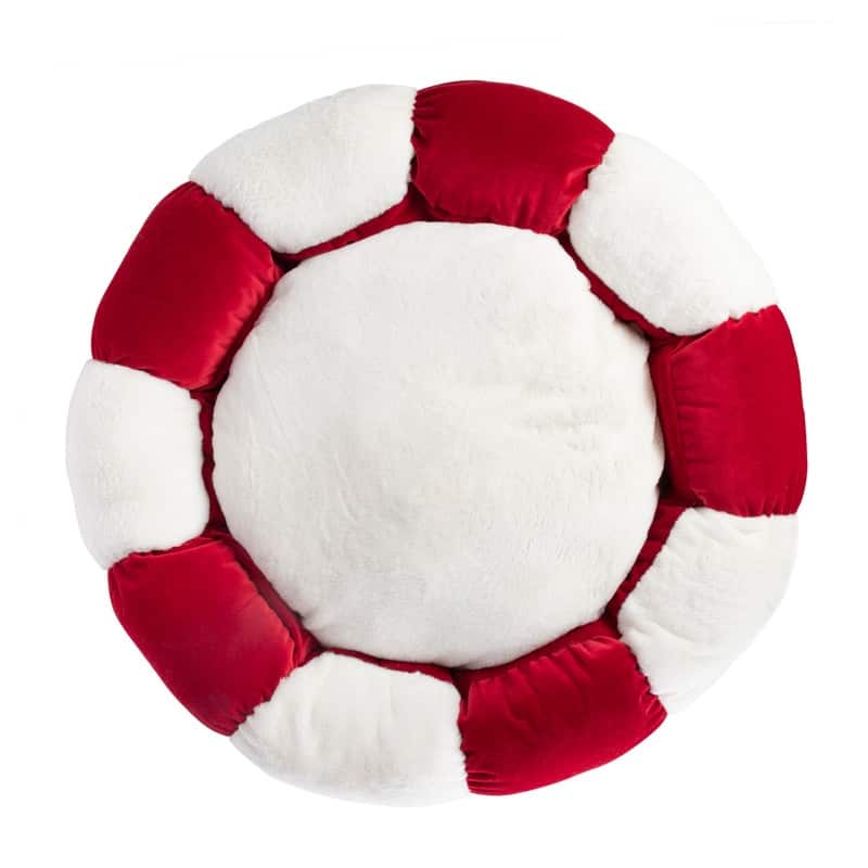 Sherry Kline Holiday "Daisy" Round pet bed in red velvet and natural sherpa
