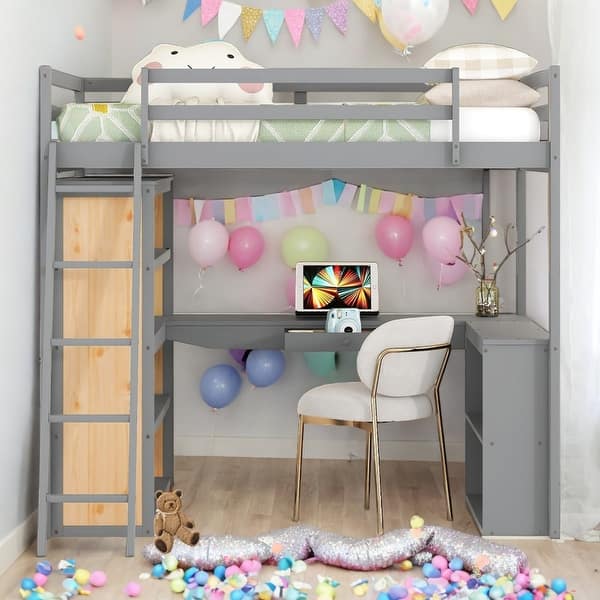 slide 2 of 13, Full Size Multi-function Loft Bed With Ladder,Shelves and Desk,Solid Construction Grey