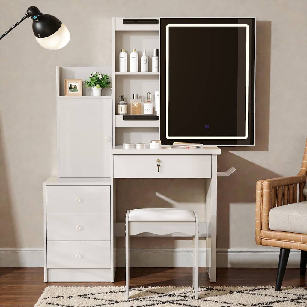 Vanity Desk with Sliding LED Mirror, Power Outlet, 4 Drawers, Hidden Storage & Stool, White Makeup Table for Bedroom