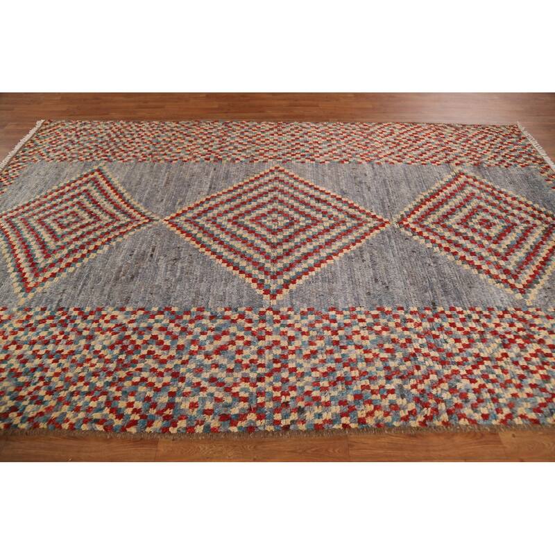 Hand Knotted Oriental 100% Wool Carpet Modern Geometric Greys & Charcoal Moroccan Area Rug - 9' 8'' X 6' 4''