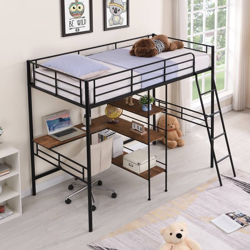 Twin Size Metal Loft Bed with Built-in Desk and Shelves