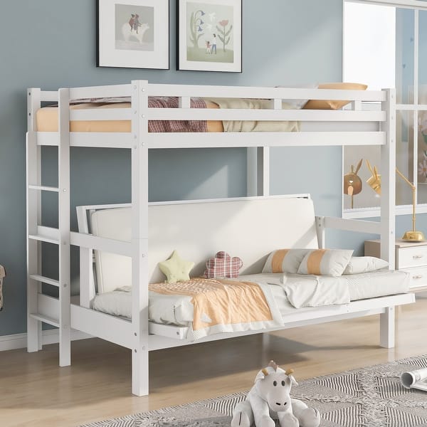 Twin/Full Pine Wood Bunk Bed with Full-Length Guard Rails and Easy ...
