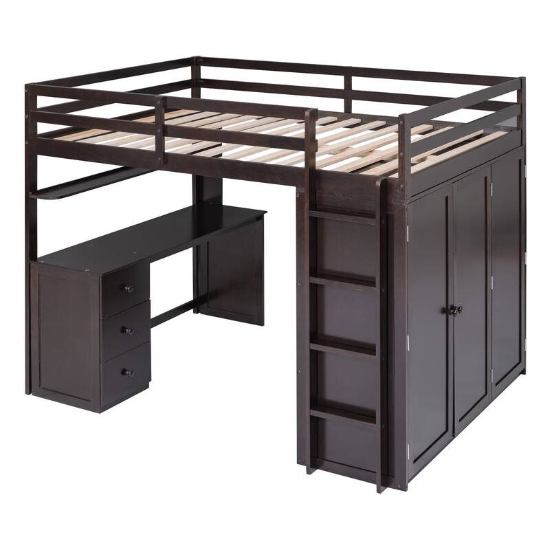 Full Loft Bed with Drawers, Desk, Wardrobe, and Guardrails