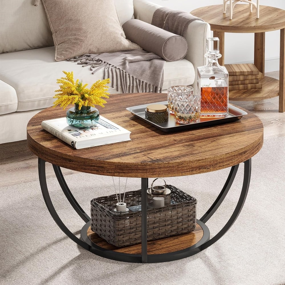 31.7" Round Coffee Table, Modern 2-Tier Center Table Sofa Side Table