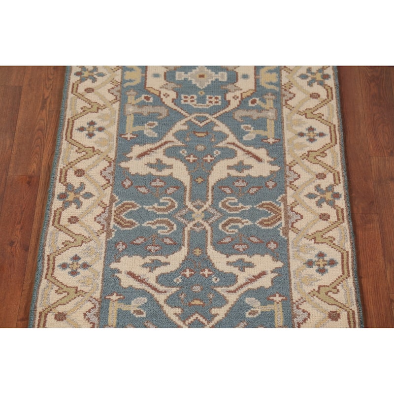 Light Blue Oushak Indian Runner Rug Handmade Wool Carpet - 2'7" x 10'2"