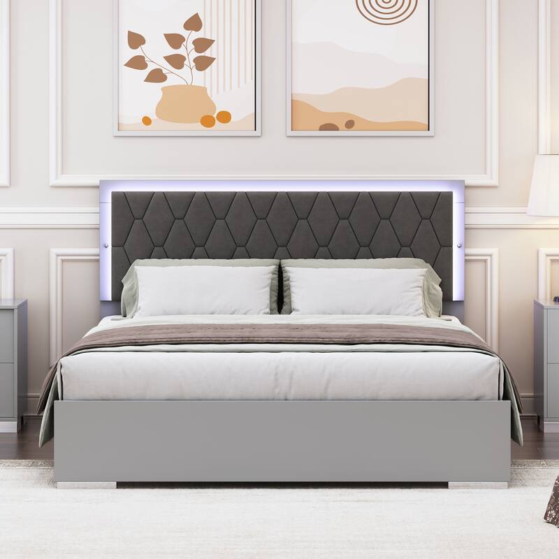 Grey Queen Size Upholstered Platform Bed with LED Light and Velvet Headboard