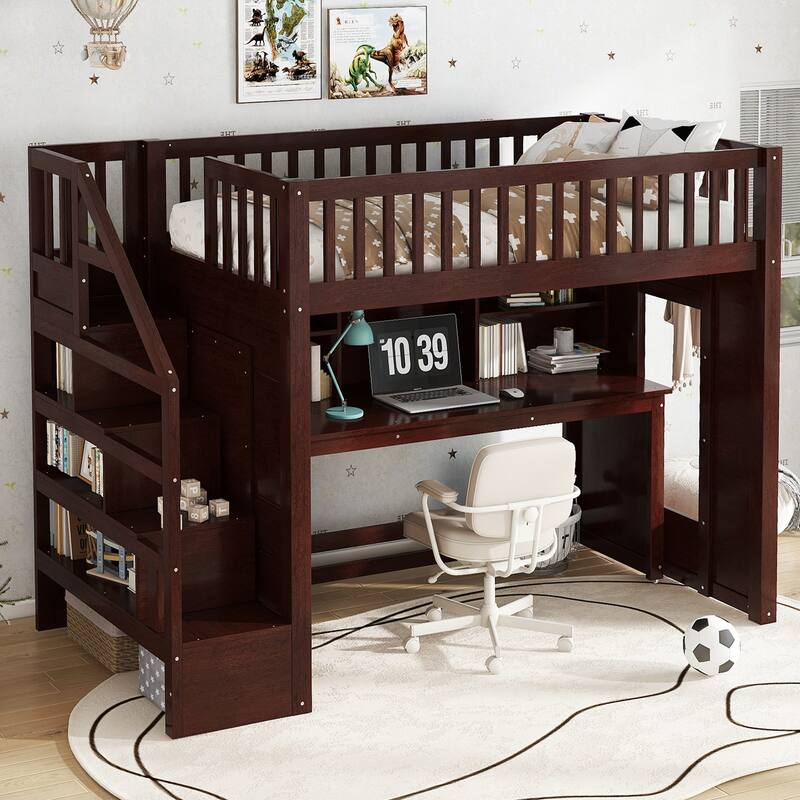 Espresso Loft Bed with Desk Bookshelf Storage Stairs Wood Loft Bed Frame