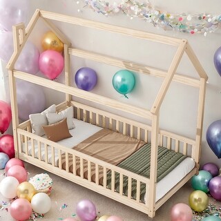 Kids and Baby Twin Size House Bed Platform Bed with Guardrails and Slats