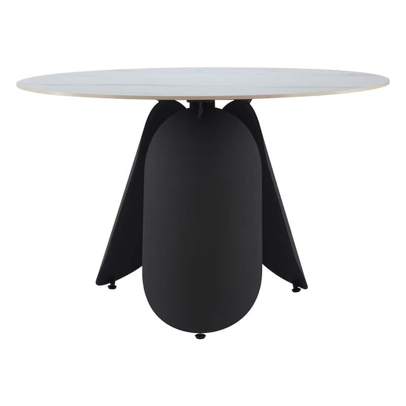 HomeRoots 48" White and Black Faux Marble and Steel Pedestal Base Round Top Dining Table - 48.00 in. x 29.50 in. x 48.00 in.