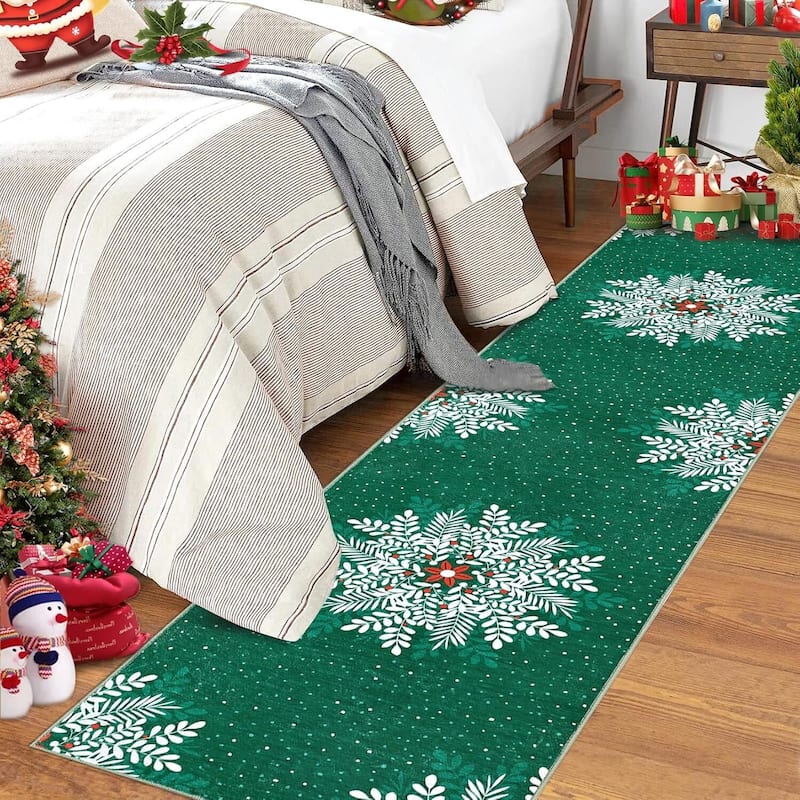Christmas Snowflake Washable Area Rug, Floor Carpet for Holiday Decor, Green - 2*8ft
