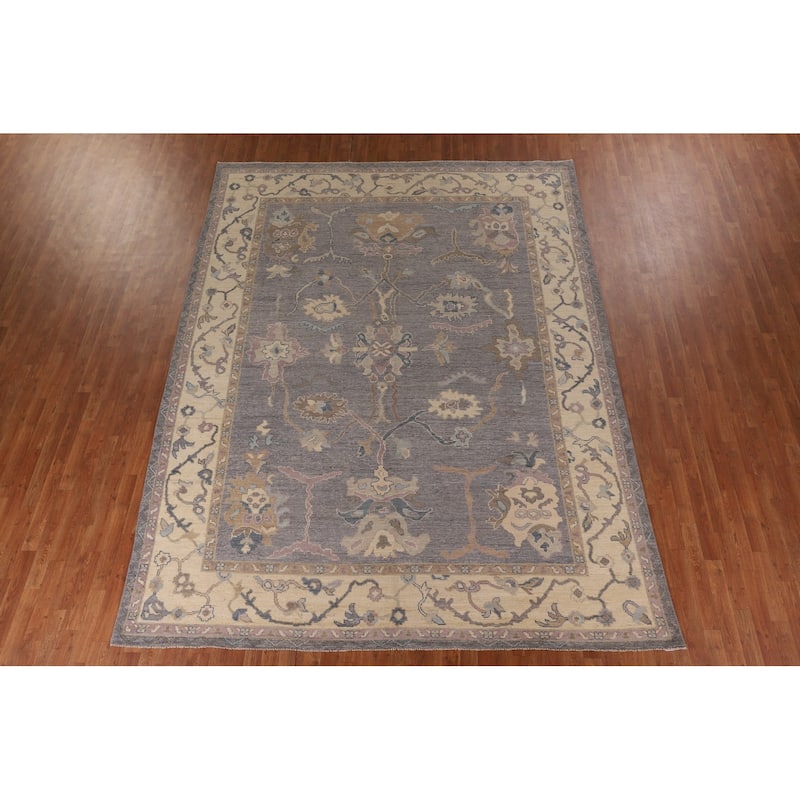 Gray Blue Oushak Vegetable Dye Area Rug Hand-Knotted Wool Carpet - 9'1" x 12'0"
