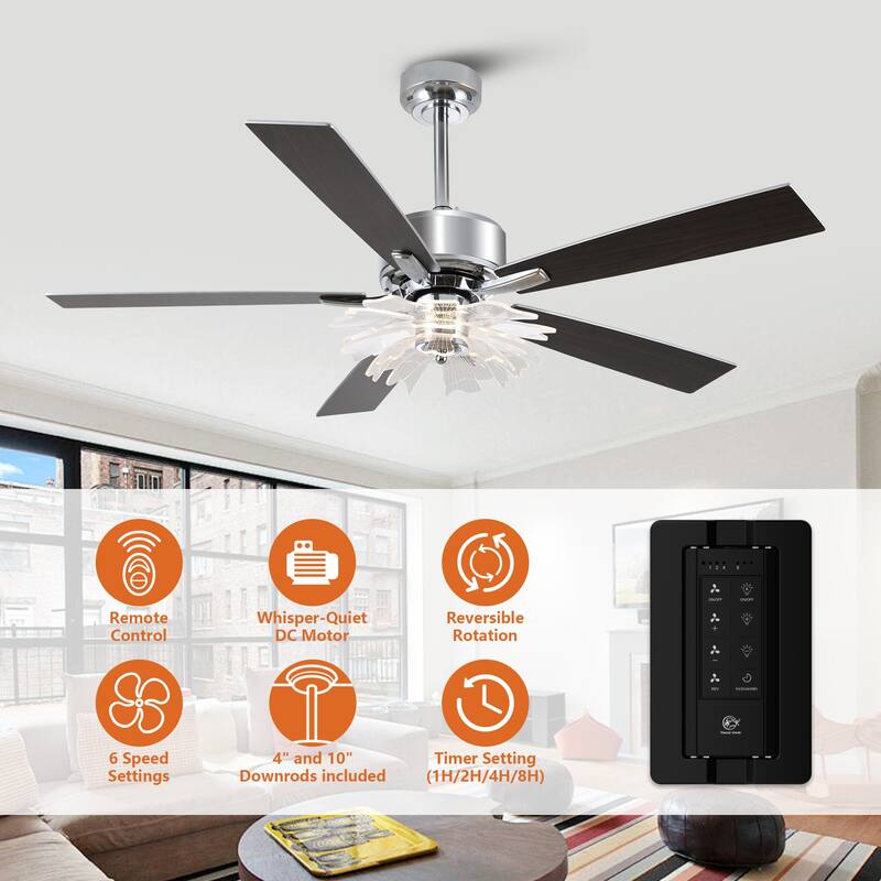 52" Chrome Reversible 5-Blade Modern LED Ceiling Fan with Light and Remote