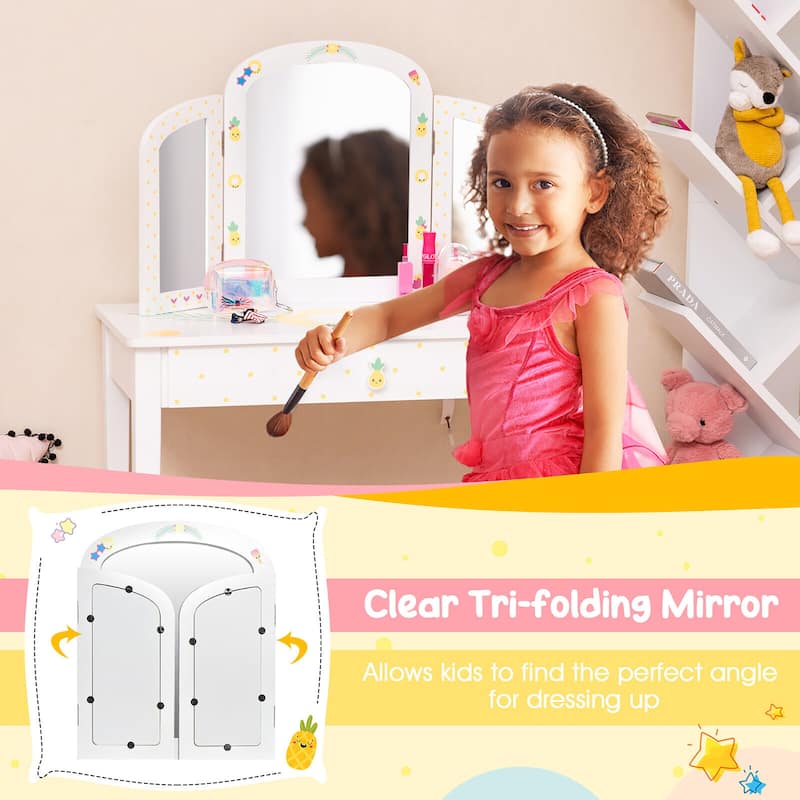 Gymax Kids Vanity Table Set Tri-Folding Mirror Pretend Play Dressing