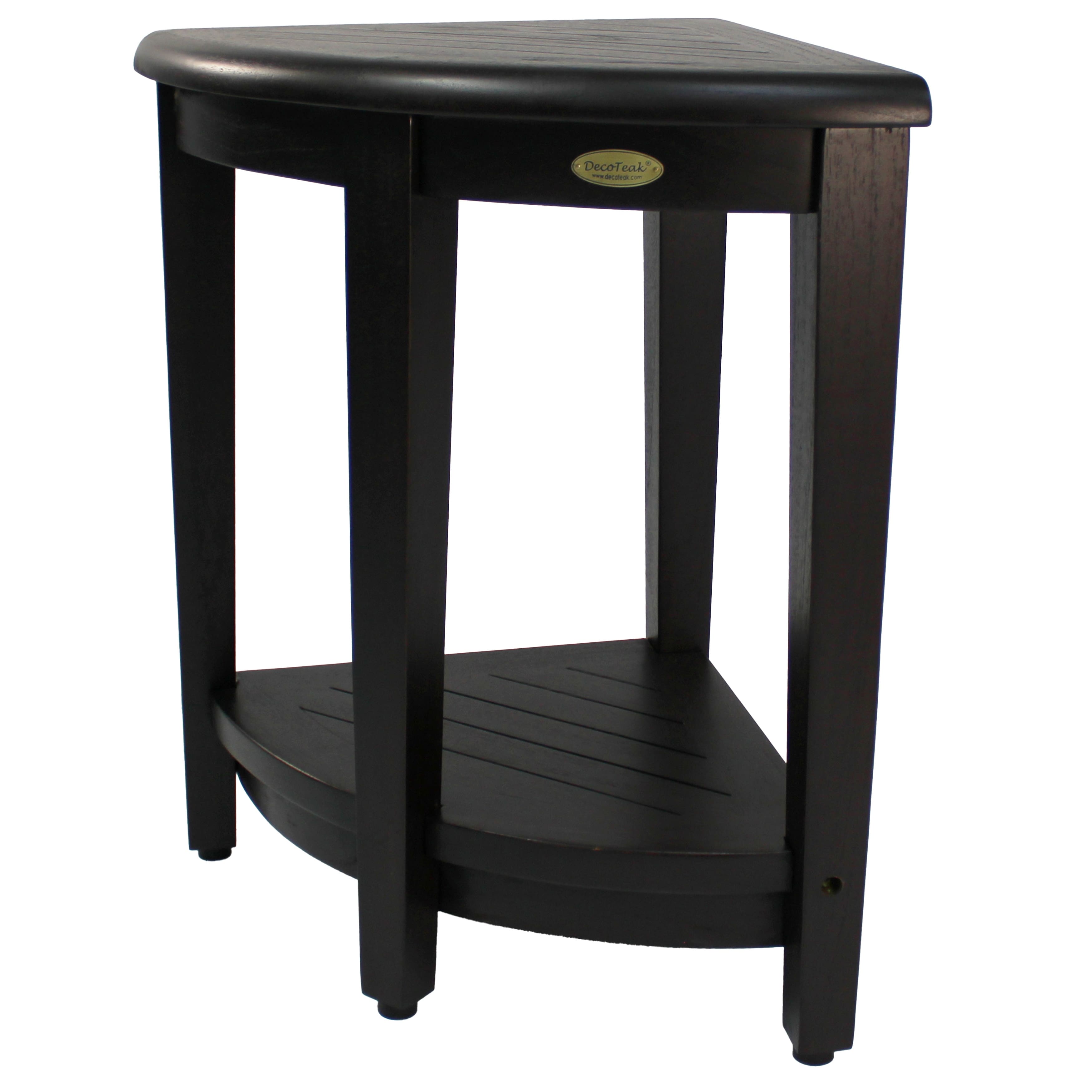 DecoTeak Oasis Extended Height Teak Corner Shower Bench With Shelf in