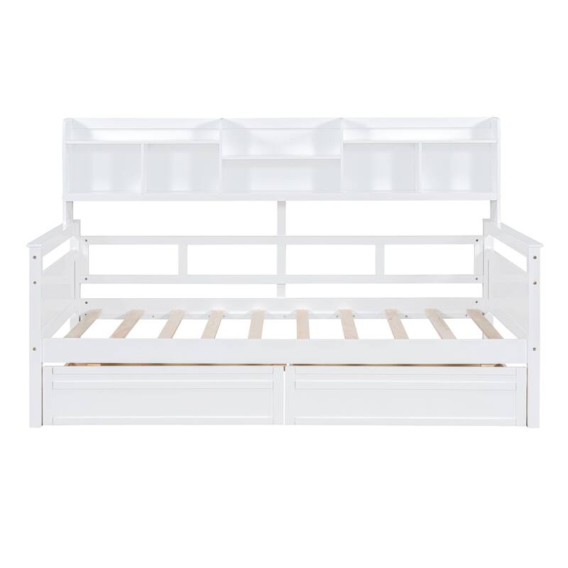 Twin size Daybed, Wood Slat Support with Bedside Shelves and Two Drawers