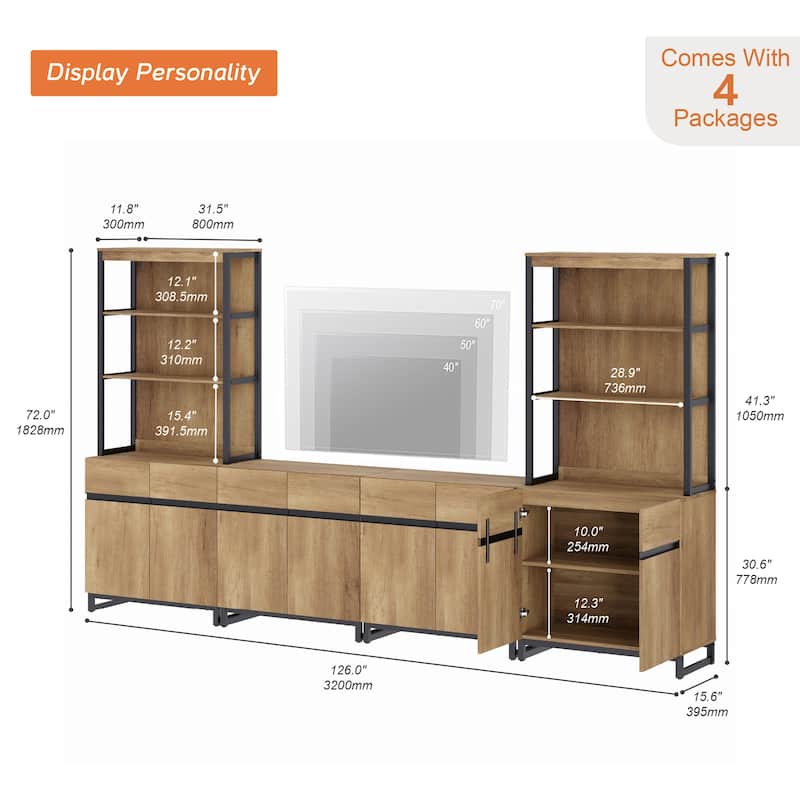 WAMPAT Modern TV Stand with 3 Tiers Bookshelf, Farmhouse Entertainment Center with 4 Large Storage Cabinets and Adjustable Shelf