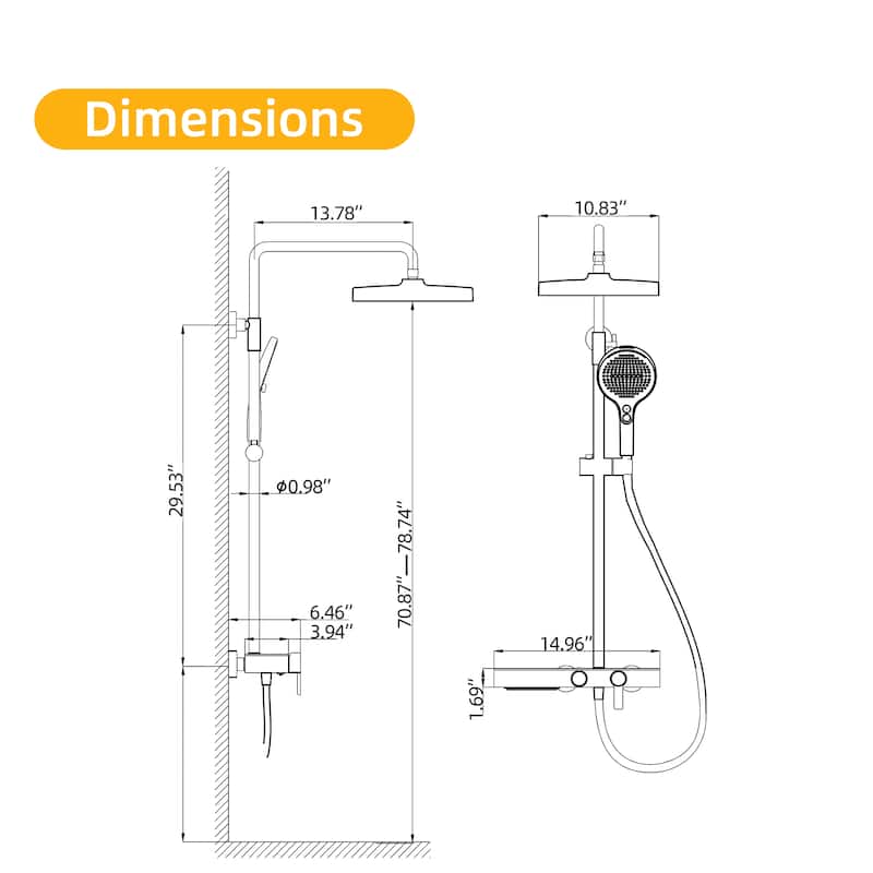 Modland 3-Function Wall Mount Shower System with Tub Spout 10.8" Rainfall Shower & Handheld Shower