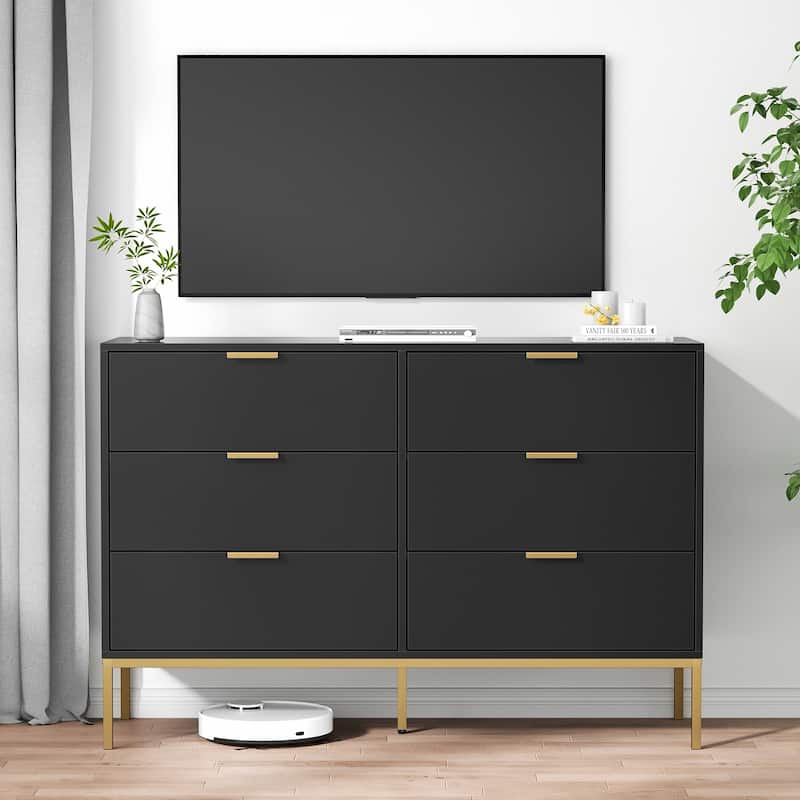 Anmytek Modern 6-Drawer Double Dresser Black Wood Chest of Drawers Storage Organizer for Bedroom