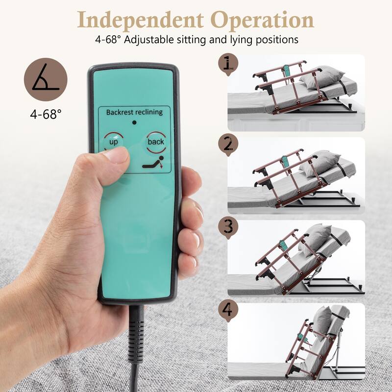 Electric Adjustable Bed Backrest with Remote, 300lbs Capacity, 4-68° Lift, Safety Rails for Elderly & Patients