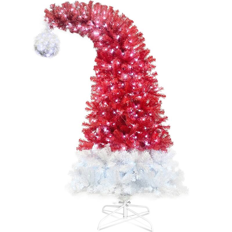 Bendable 6FT Santa Hat Style Christmas Tree with LED Lights and Metal Stand, Fake Xmas Tree for Holiday, Home, Party