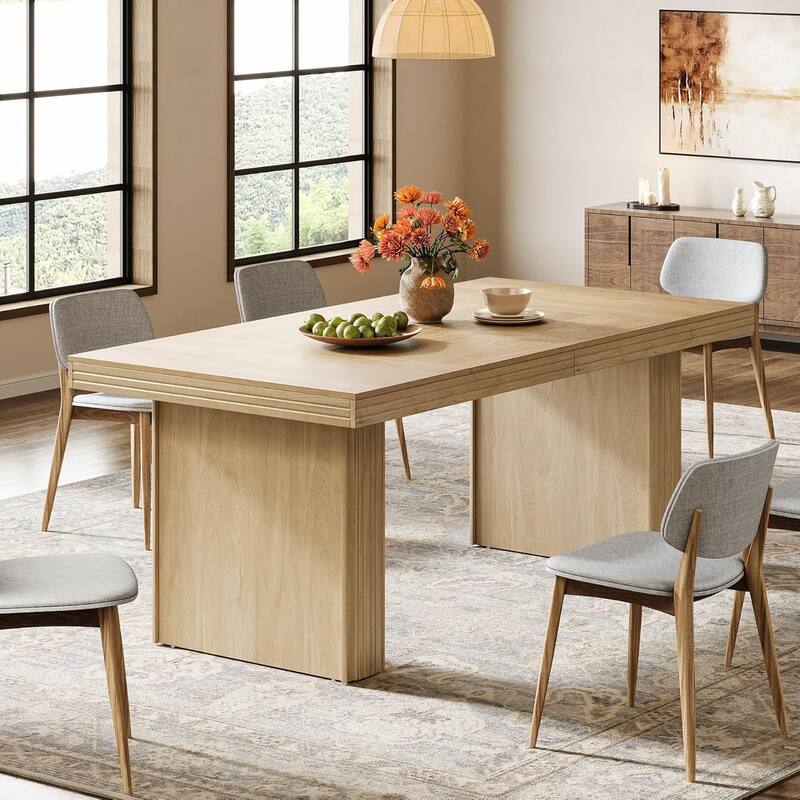63" Farmhouse Dining Table for 6, Modern Kitchen Table with Double Pedestals - 63" W x 31.5" D x 29.5" H - Light Brown