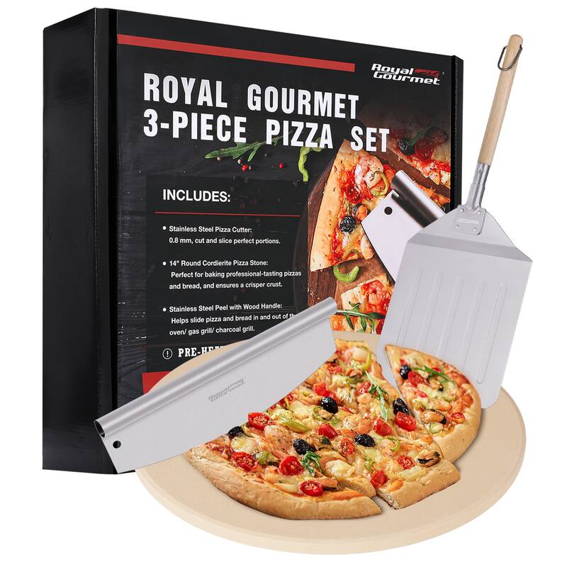 Royal Gourmet 3-Piece Pizza Set for Grill, 14-Inch Round Pizza Cordierite Stone, Peel/Shovel and Cutter - Stainless Steel