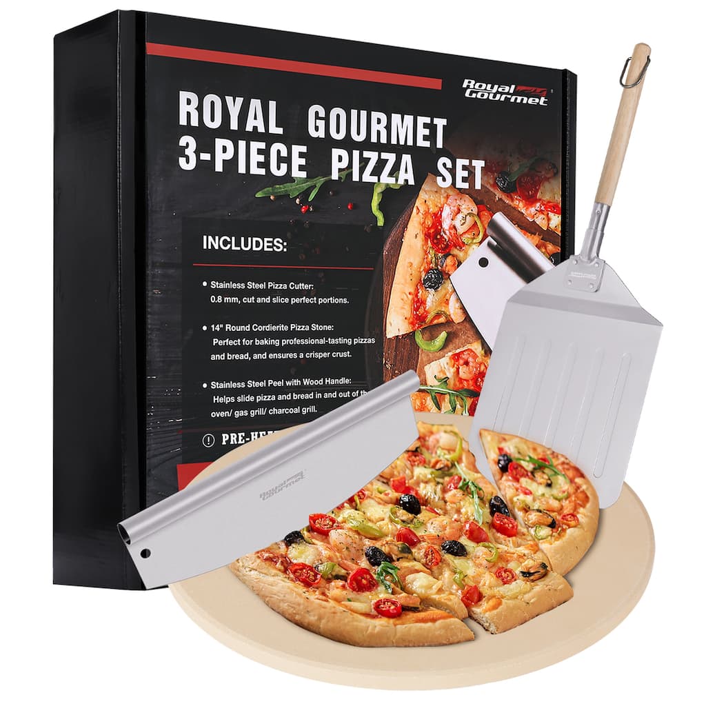 Royal Gourmet 3-Piece Pizza Set for Grill, 14-Inch Round Pizza Cordierite Stone, Peel/Shovel and Cutter