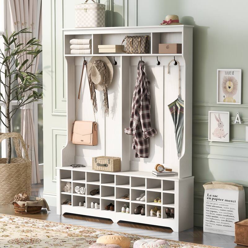 Modern Hallway Coat Rack with Metal Hooks, 3 Upper Storage Compartments