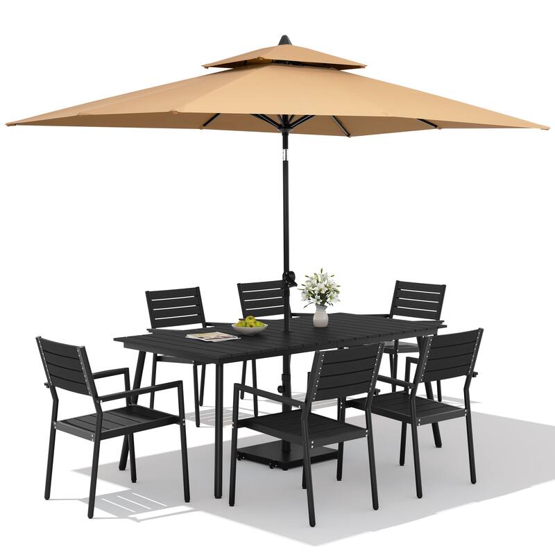 9PC Outdoor Patio Dining Set Aluminum Table with Stackable Armchairs w/ Premium Market Umbrella Sets